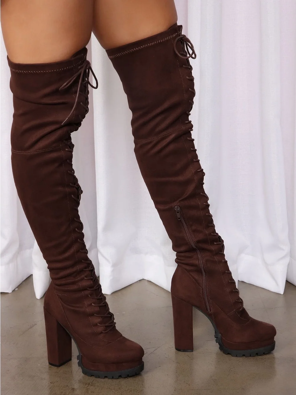 Brown Over-the-Knee Lace-Up Boots - Women's Fashion